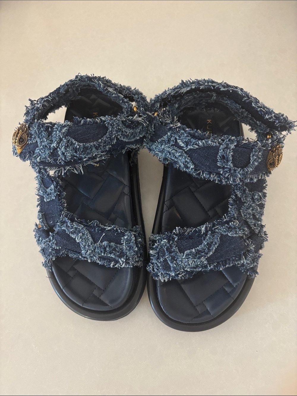 Kurt Geiger London Navy Frayed Denim Orsen Strap Sandals NWOT